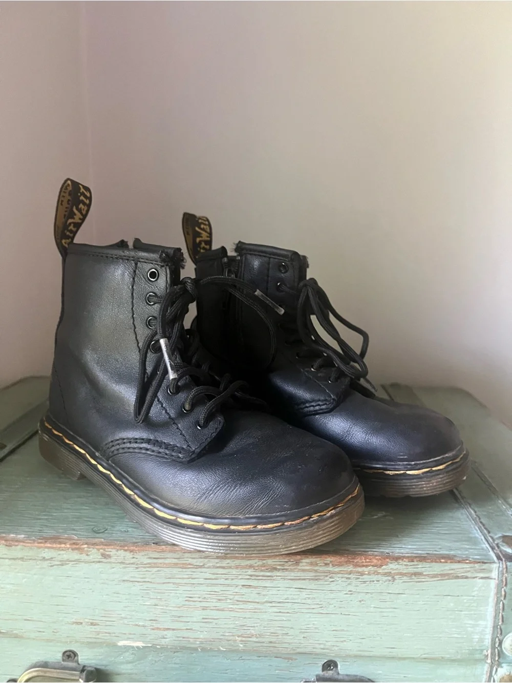 Dr. Martens Junior Kids Black Leather Lace-Up Boots with Yellow Stitching